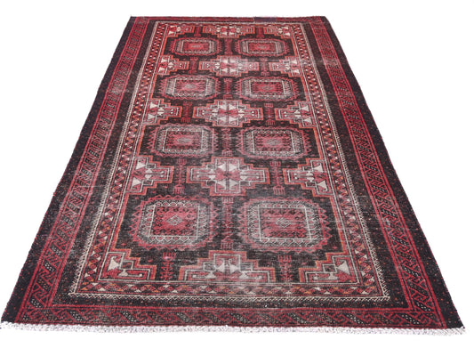 4x7 Handmade Turkish Vintage Tribal Rug | Deep Red Field & Ivory Geometric Squares | Boho Rug, Antique Anatolian Rug | SHR-673 | From 1980 |
