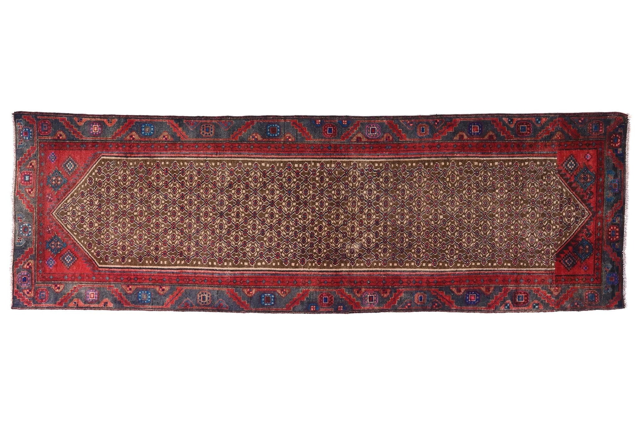 Long, narrow patterned rug with red and blue border on a white background