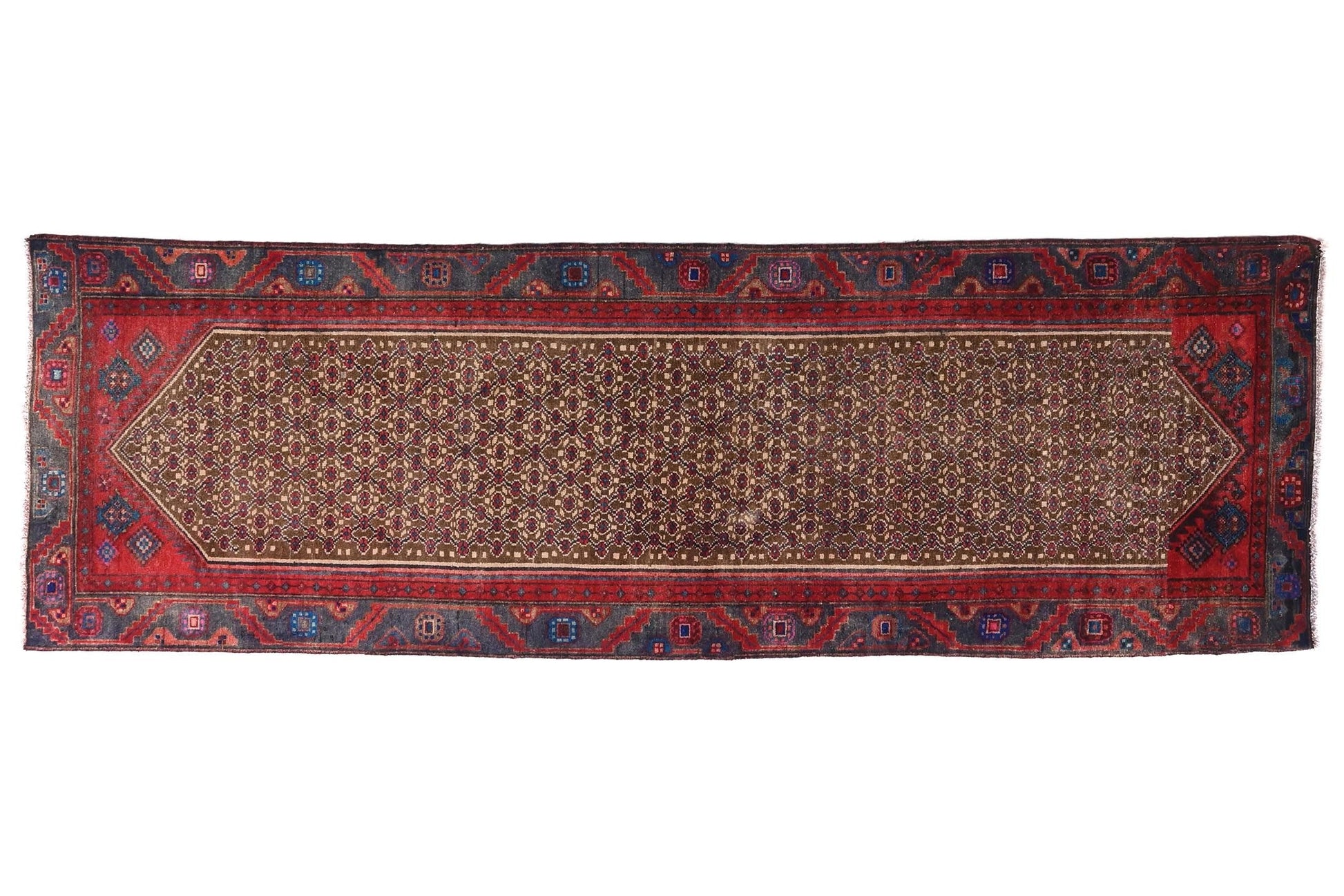 Long, narrow patterned rug with red and blue border on a white background
