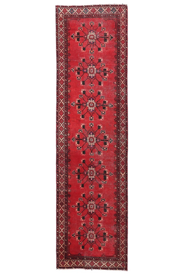 3X11 Handmade Vintage Turkish Runner Rug – Geometric Red