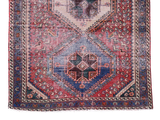 4x7 Handmade Turkish Vintage Tribal Rug | Azure Trio Petal Drop Hexagonal Field  | Boho Rug, Antique Anatolian Rug | SHR470 | From 1970