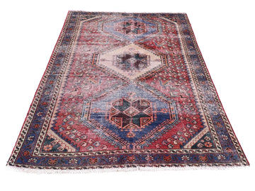 4x7 Handmade Turkish Vintage Tribal Rug | Azure Trio Petal Drop Hexagonal Field  | Boho Rug, Antique Anatolian Rug | SHR470 | From 1970