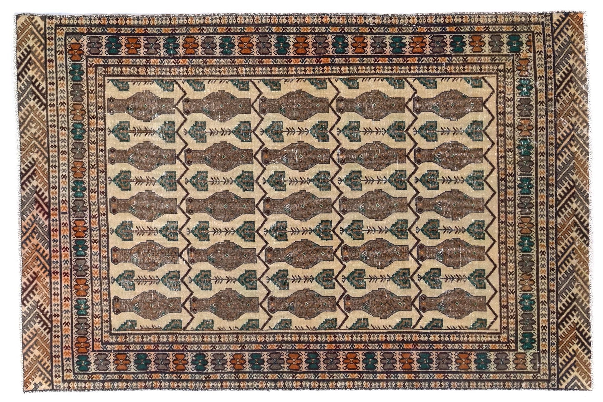4x6 Handmade Turkish Vintage Tribal Rug | Repeating Brown Vase Rows | Boho Rug, Antique Anatolian Rug  | SHR474 | From 1970