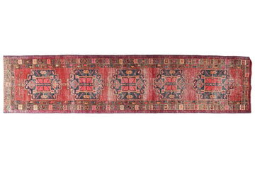 Long, narrow patterned rug on a white background