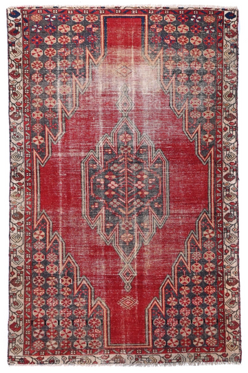 4X6 Handmade Vintage Turkish Accent Rug – Geometric Red