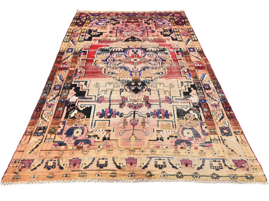 4x7 Handmade Turkish Vintage Tribal Rug | Coral Field With Cream Geometric Floral Medallion | Boho Rug, Anatolian Rug | SHR648 | From 1970