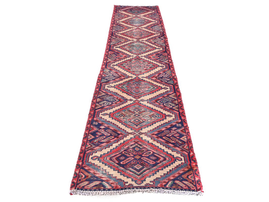 2x8 Handmade Turkish Vintage Tribal Rug | Zig-Zag Ivory Diamonds With Vintage Mauve & Blue | Boho Rug, Anatolian Rug | SHR655 | From 1970