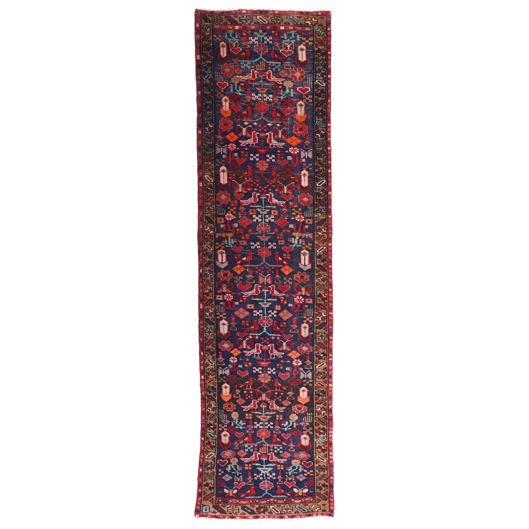 2x8 Handmade Turkish Vintage Tribal Rug | Midnight Navy Field With Birds & Floral Accents | Boho Rug, Anatolian Rug | SHR656 | From 1970