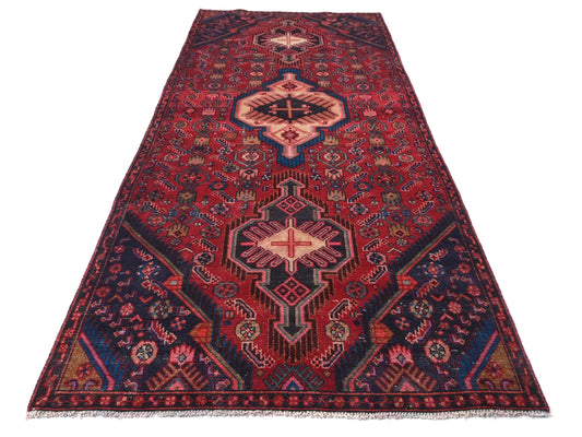 4x10 Handmade Turkish Vintage Tribal Rug | Triple Medallion With Navy Triangular Corners | Boho Rug, Anatolian Rug | SHR658 | From 1970