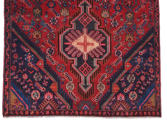 4x10 Handmade Turkish Vintage Tribal Rug | Triple Medallion With Navy Triangular Corners | Boho Rug, Anatolian Rug | SHR658 | From 1970
