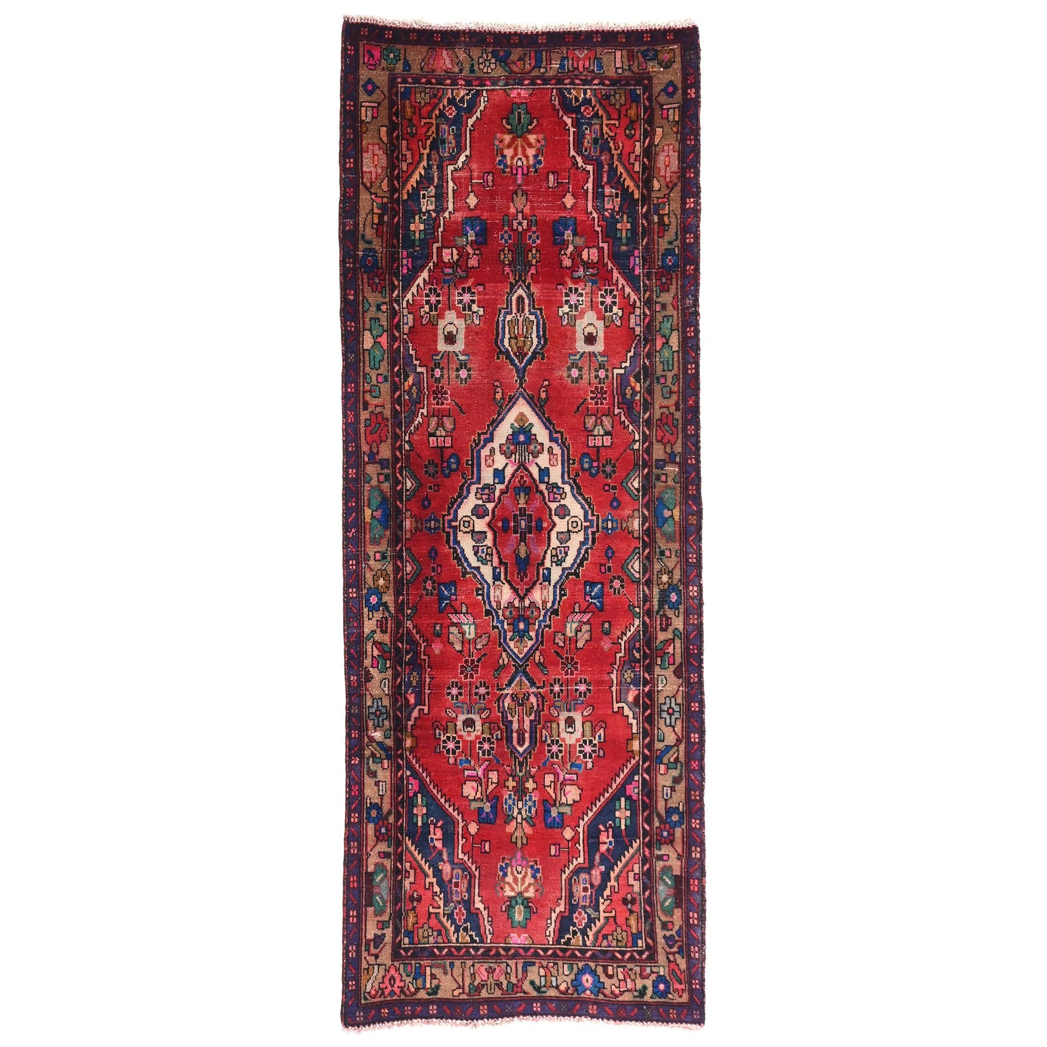 3x8 Handmade Turkish Vintage Tribal Rug | Symmetric Floral Medallions On A Vibrant Red Field | Boho Rug, Anatolian Rug | SHR659 | From 1970