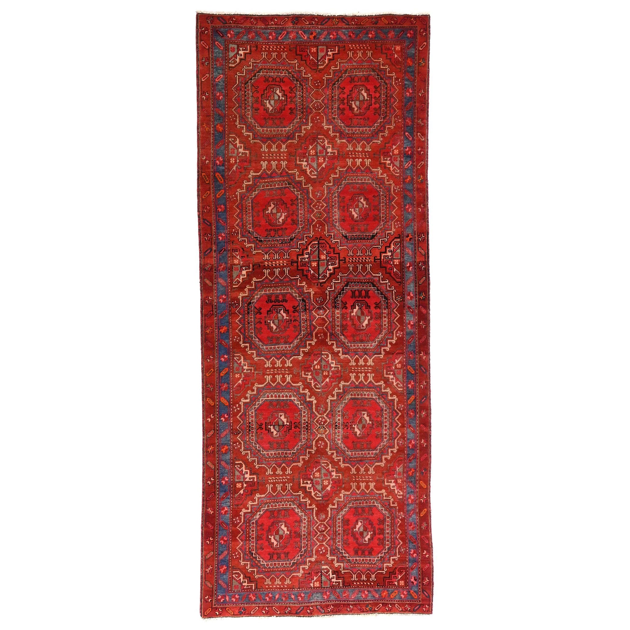4x10 Handmade Turkish Vintage Tribal Rug | Medallion Grid With Deep Blue Borders | Boho Rug, Anatolian Rug | SHR664 | From 1970