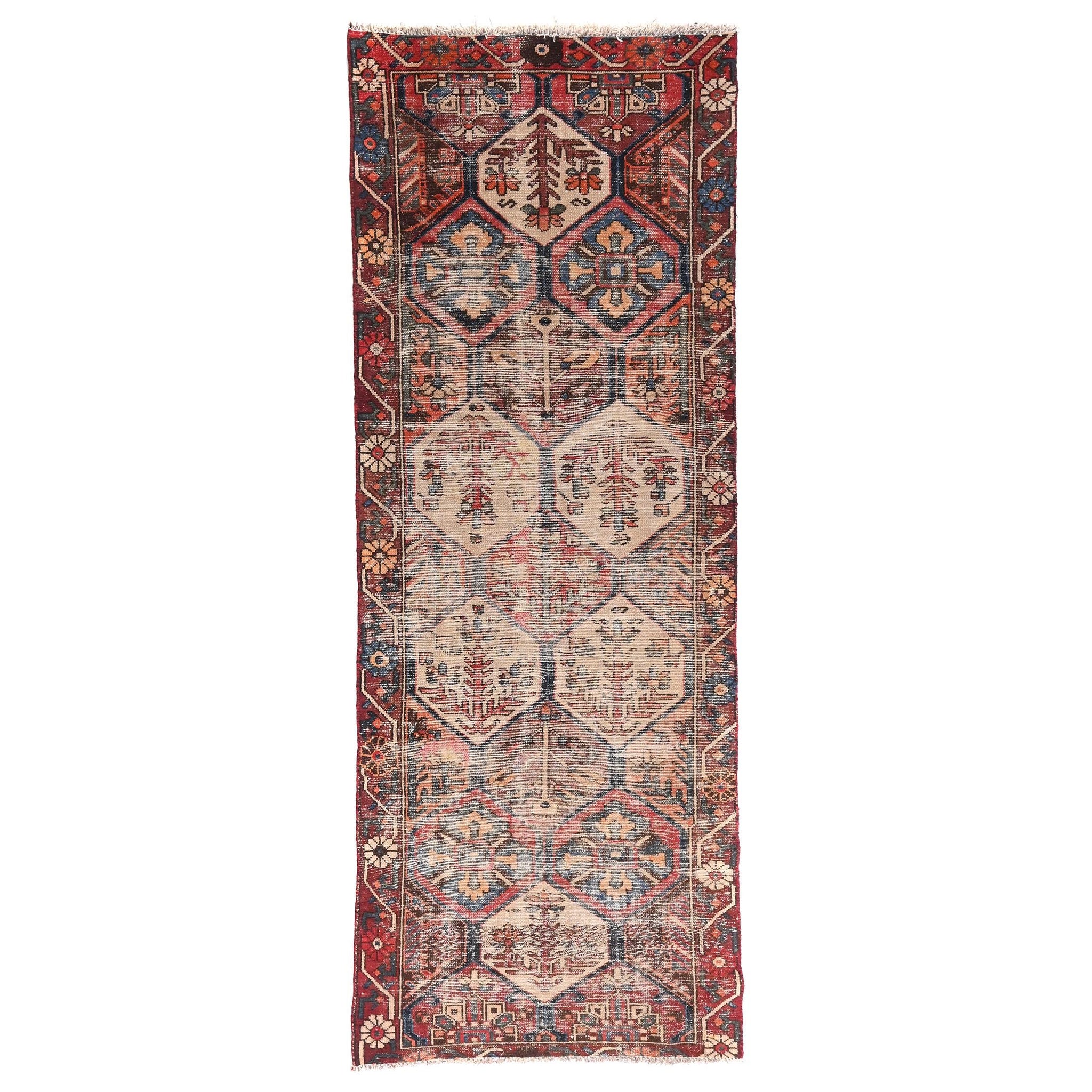 3x9 Handmade Turkish Vintage Tribal Rug | Cream Hexagon Medallions With Brick Red Borders | Boho Rug, Anatolian Rug | SHR671 | From 1970