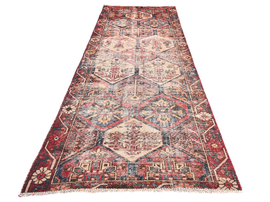 3x9 Handmade Turkish Vintage Tribal Rug | Cream Hexagon Medallions With Brick Red Borders | Boho Rug, Anatolian Rug | SHR671 | From 1970