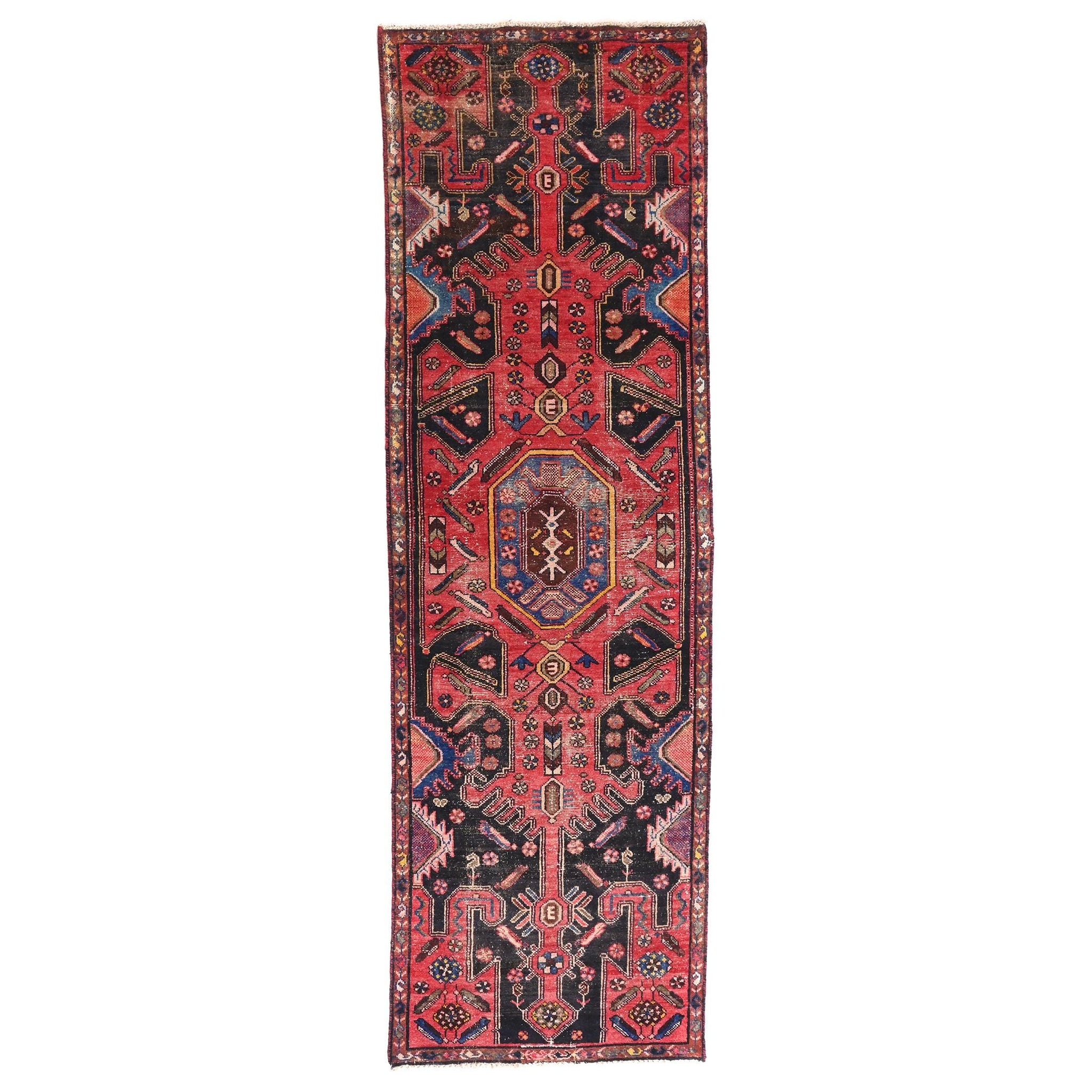 3x9 Handmade Turkish Vintage Tribal Rug | Brick Red Field With Navy & Mauve Geometric Centre | Boho Rug, Anatolian Rug | SHR672 | From 1970