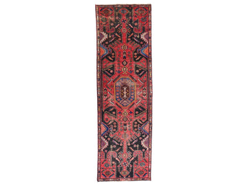 3x9 Handmade Turkish Vintage Tribal Rug | Brick Red Field With Navy & Mauve Geometric Centre | Boho Rug, Anatolian Rug | SHR672 | From 1970