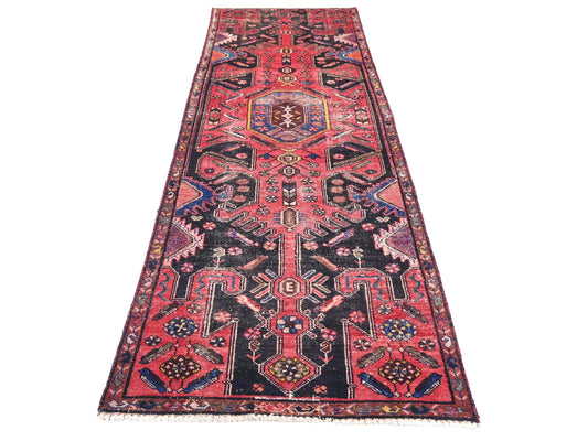 3x9 Handmade Turkish Vintage Tribal Rug | Brick Red Field With Navy & Mauve Geometric Centre | Boho Rug, Anatolian Rug | SHR672 | From 1970