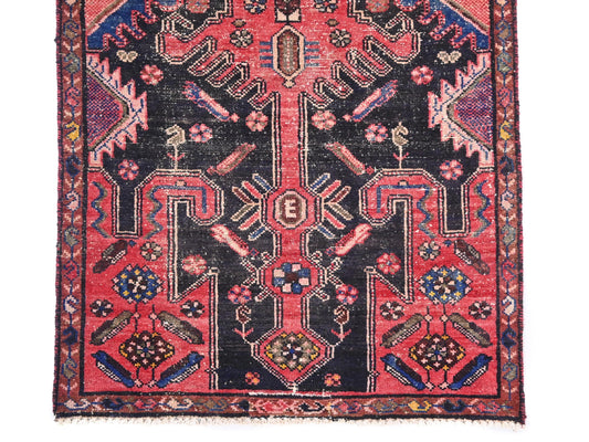 3x9 Handmade Turkish Vintage Tribal Rug | Brick Red Field With Navy & Mauve Geometric Centre | Boho Rug, Anatolian Rug | SHR672 | From 1970