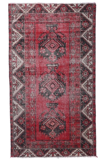 4X7 Handmade Vintage Turkish Area Rug – Geometric Red