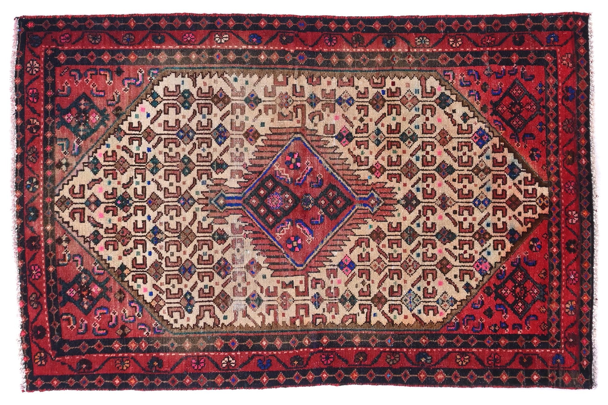 Decorative rug with intricate patterns on a white background