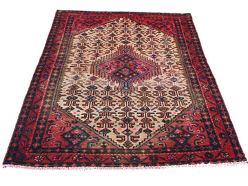 3x5 Handmade Turkish Vintage Tribal Rug | Cream Maze & Red Diamond Flame Medallion | Boho Rug, Antique Anatolian Rug | SHR493 | From 1970