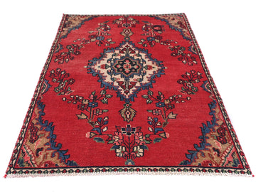 3x6 Handmade Turkish Vintage Tribal Rug | Floral Diamond Medallion on Red Field | Boho Rug, Antique Anatolian Rug  | SHR497 | From 1970