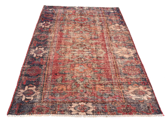 4x6 Handmade Turkish Vintage Tribal Rug | Floral Fade with Cobalt Bloom Border | Boho Rug, Antique Anatolian Rug | SHR502 | From 1970