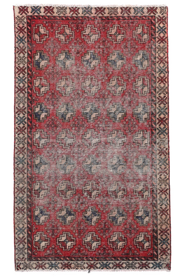 4X6 Handmade Vintage Turkish Accent Rug – Geometric Red