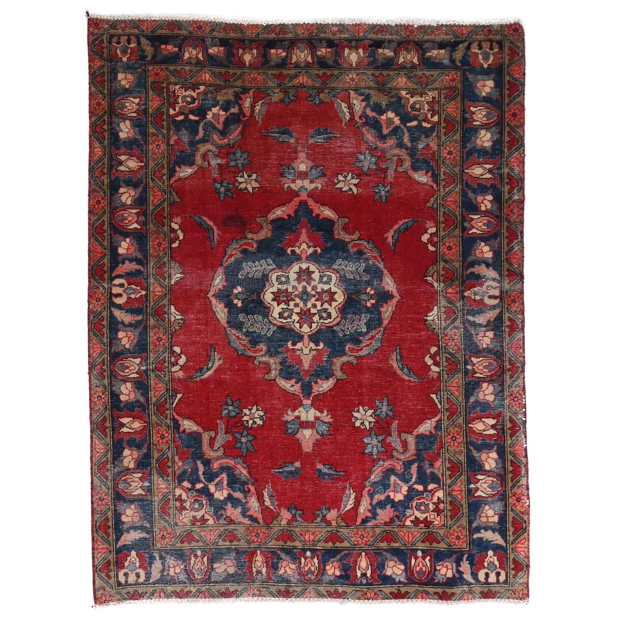 5x6 Handmade Turkish Vintage Tribal Rug | Deep Red Field with Floral Blue Medallion | Boho Rug, Antique Anatolian Rug | SHR-725 | From 1980