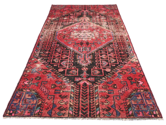 4x8 Handmade Turkish Vintage Tribal Rug | Bright Red Field with Bold Medallion | Boho Rug, Antique Anatolian Rug | SHR657 | From 1980 |