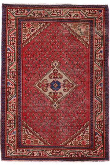3X5 Handmade Vintage Turkish Accent Rug – Geometric Red