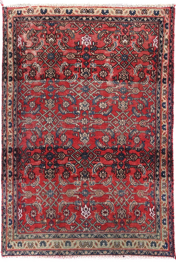 3X4 Handmade Vintage Turkish Accent Rug – Geometric Red