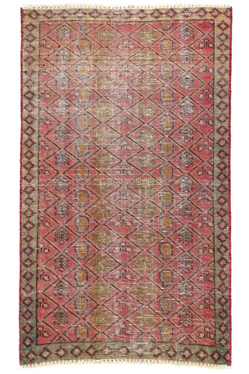 3X4 Handmade Vintage Turkish Accent Rug – Abstract Red