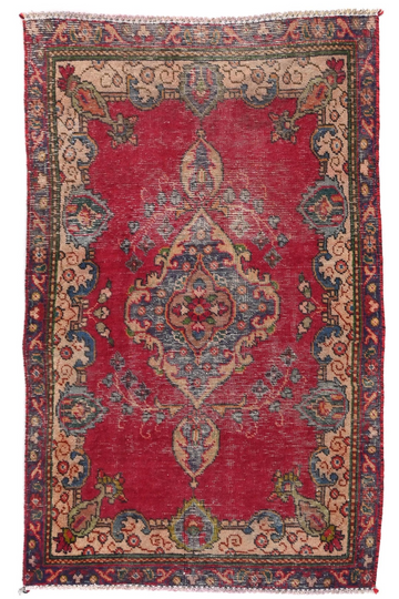 3X5 Handmade Vintage Turkish Accent Rug – Geometric Red