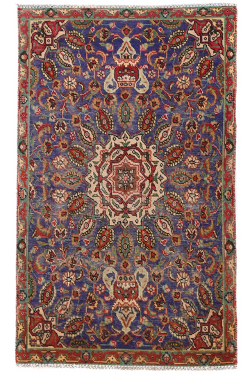 3X5 Handmade Vintage Turkish Accent Rug – Blue Floral