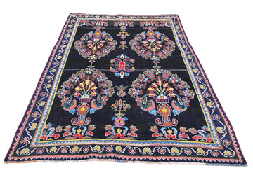 5x7 Handmade Turkish Vintage Tribal Rug | Rich Navy Medallions On A Black Field | Boho Rug, Antique Rug | SHR582 | From 1970