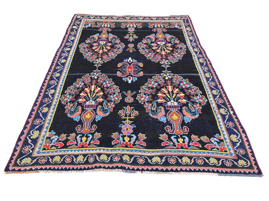 5x7 Handmade Turkish Vintage Tribal Rug | Rich Navy Medallions On A Black Field | Boho Rug, Antique Rug | SHR582 | From 1970