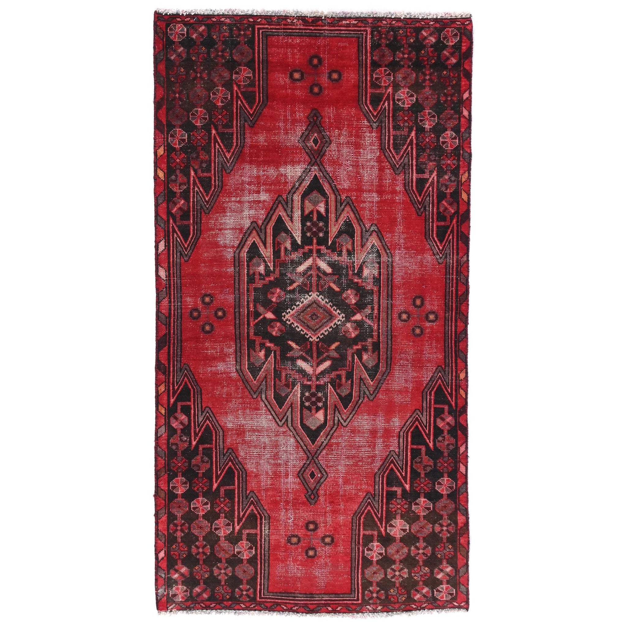 3x6 Handmade Turkish Vintage Tribal Rug | Diamond Center With Red Field And Black Geometry | Boho Rug, Antique Rug | SHR588 | From 1970