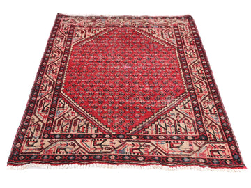 3x4 Handmade Turkish Vintage Tribal Rug | Geometric Patterns With Red & Cream Border | Boho Rug, Antique Rug | SHR591 | From 1970