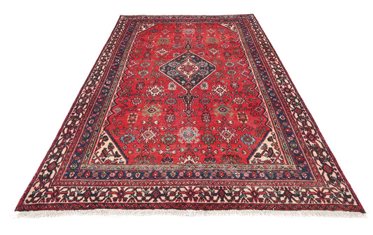 6x9 Handmade Turkish Vintage Tribal Rug | Royal Crimson Diamond Medallion & Star Border | Boho Rug, Antique Wool Rug | SHR747 | From 1980