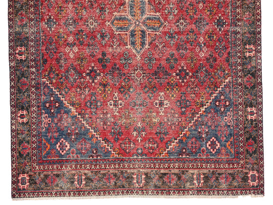 7x10 Handmade Turkish Vintage Tribal Rug | Deep Ruby Medallion with Indigo Borders | Boho Rug, Antique Anatolian Rug | SHR744 | From 1980