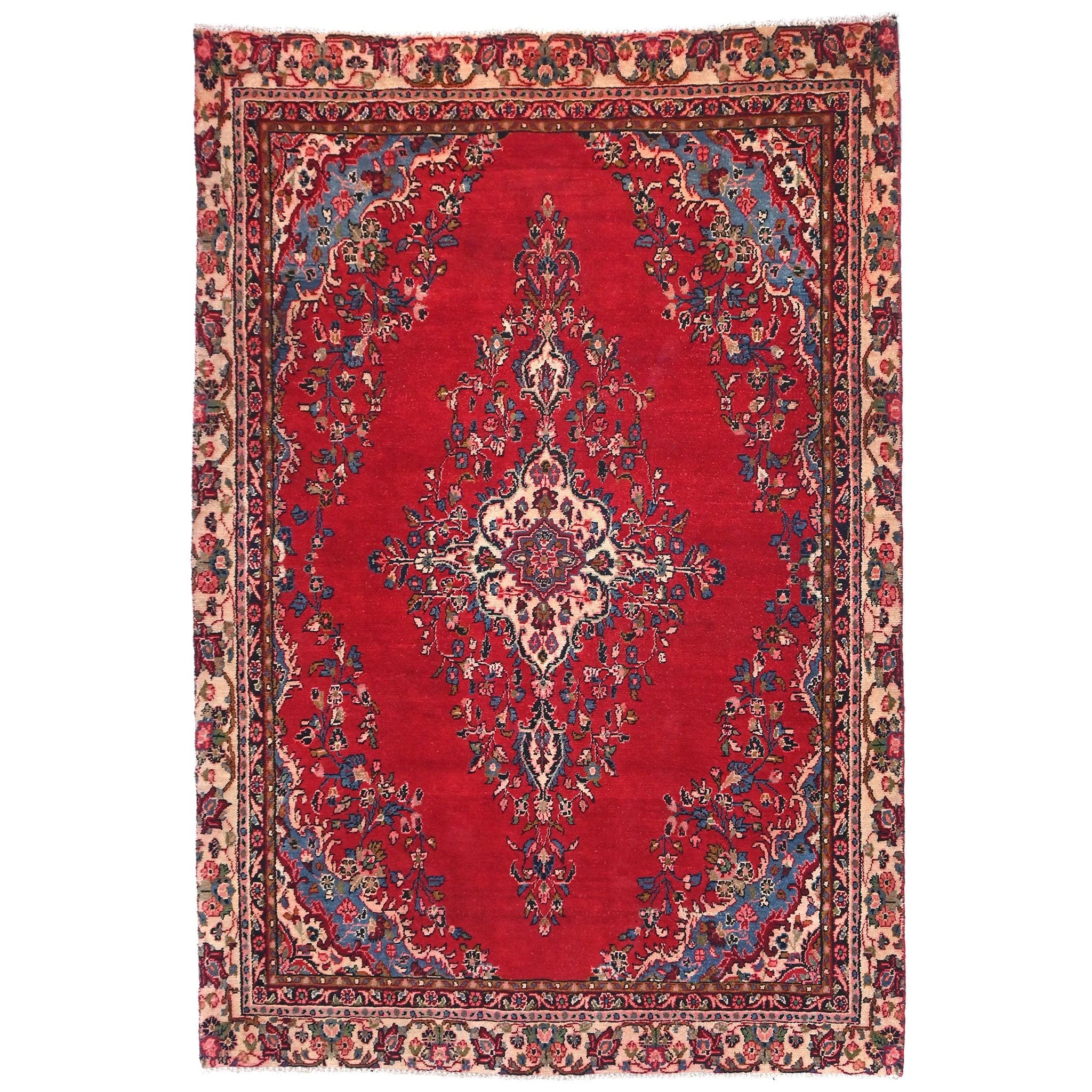 6x8 Handmade Turkish Vintage Tribal Rug | Floral Cream & Crimson Medallion Elegance | Boho Rug, Antique Anatolian Rug | SHR739 | From 1980 |