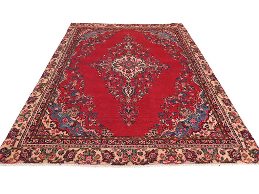 6x8 Handmade Turkish Vintage Tribal Rug | Floral Cream & Crimson Medallion Elegance | Boho Rug, Antique Anatolian Rug | SHR739 | From 1980 |