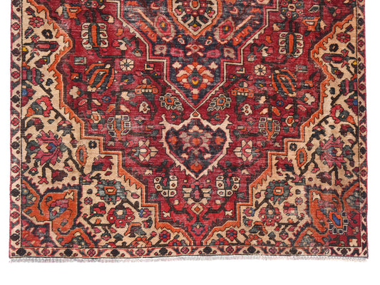Title: 5x8 Handmade Turkish Vintage Tribal Rug | Ivory Cornered Burgundy Design | Boho Rug, Antique Anatolian Rug | SHR738 | From 1980 |
