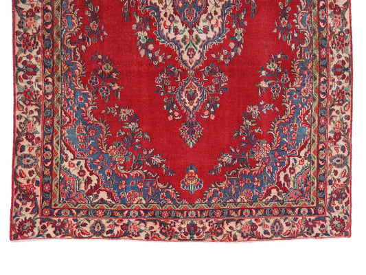 6x9 Handmade Turkish Vintage Tribal Rug | Crimson Field with Navy Floral Medallion | Boho Rug, Antique Anatolian Rug | SHR737 | From 1980 |