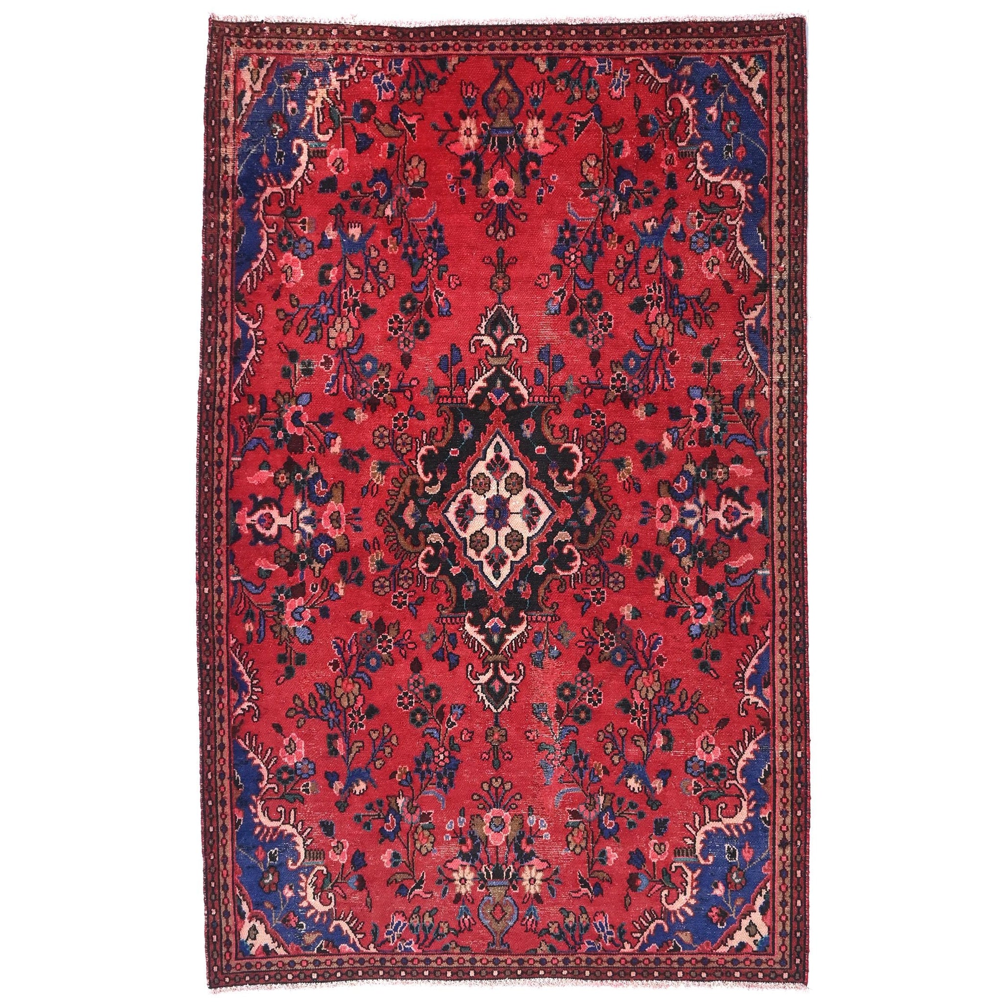 5x8 Handmade Turkish Vintage Tribal Rug | Floral Diamond Medallion On Rich Red Field | Boho Rug, Antique Anatolian Rug | SHR736 | From 1980