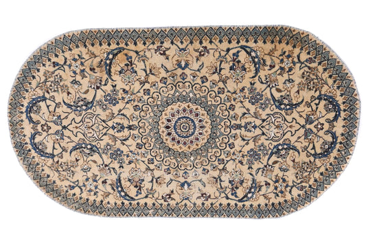 Oval-shaped rug with intricate patterns on a beige background