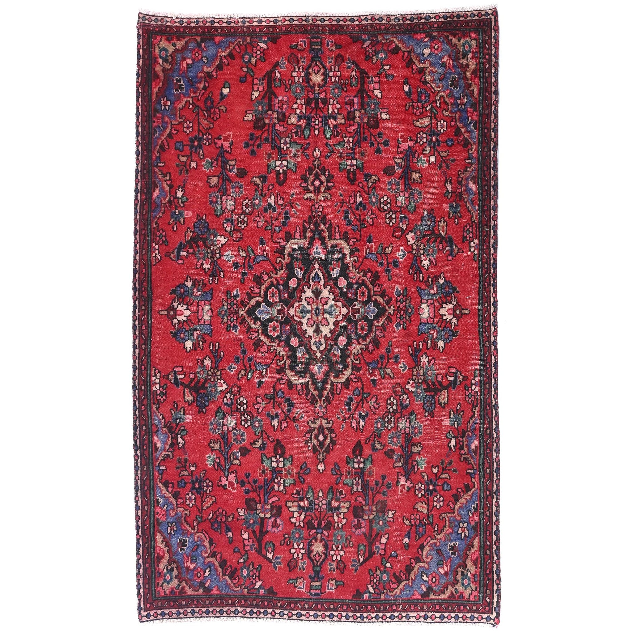5x9 Handmade Turkish Vintage Tribal Rug | Crimson Field with Floral Center Medallion | Boho Rug, Antique Anatolian Rug | SHR732 | From 1980