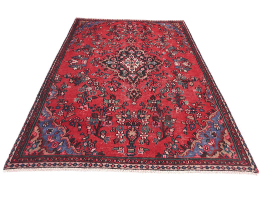 5x9 Handmade Turkish Vintage Tribal Rug | Crimson Field with Floral Center Medallion | Boho Rug, Antique Anatolian Rug | SHR732 | From 1980
