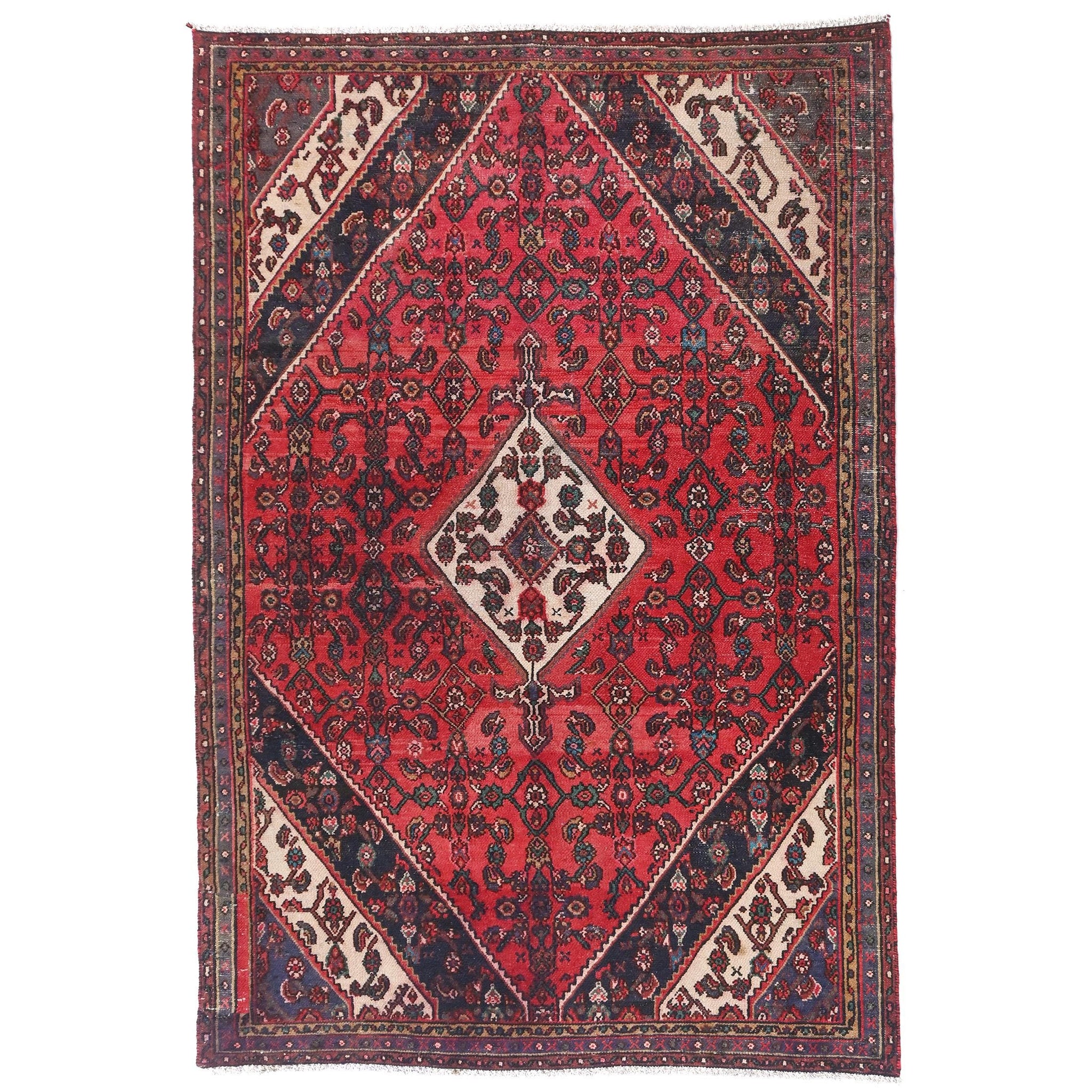 6x8 Handmade Turkish Vintage Tribal Rug | Rare Ivory Centered Diamond Medallion | Boho Rug, Antique Anatolian Rug | SHR731 | From 1980 |